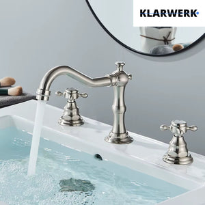 JULIAN | Rubinetto da bagno vintage a 3 fori argento spazzolato | Lavello in acciaio inossidabile retrò premium | Antico miscelatore 2 maniglie