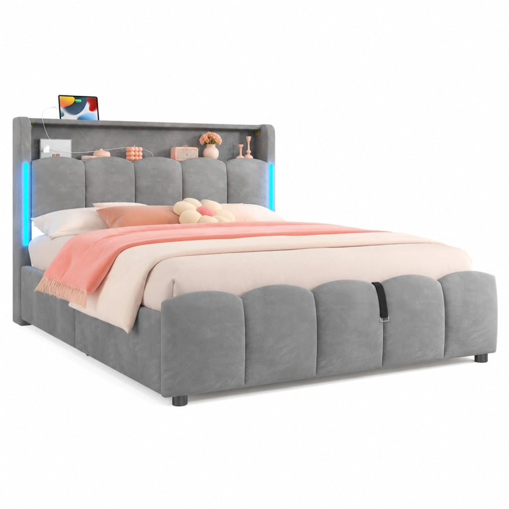 Letto matrimoniale imbottito 140x200 cm in velluto grigio con LED; contenitore e porte USB