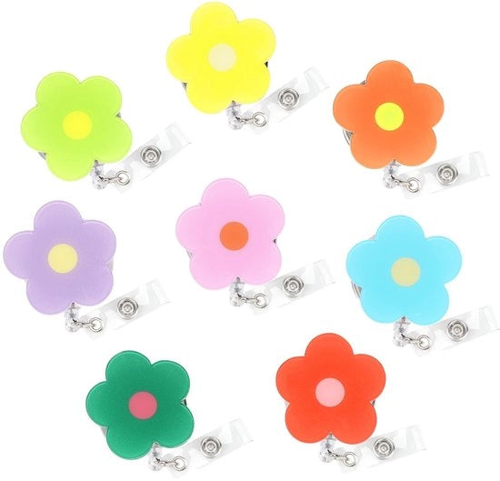 Badgehouder con Corda di Trazione - Bloemvorm - 8 Stuks - Materiale Acrilico Durevole - Badgehaspel Rientrante