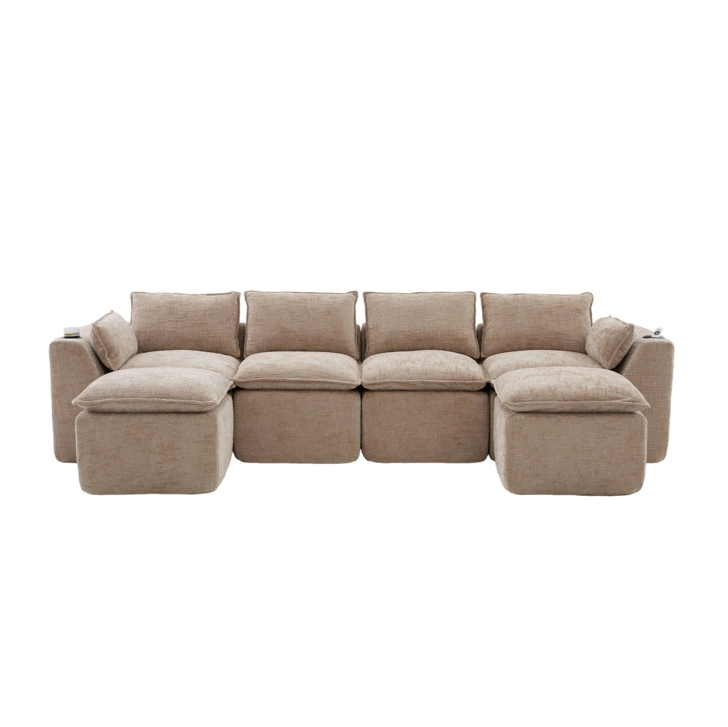 Divano modulare componibile in chenille color khaki con tasche laterali; 322 x 161 x 75 cm