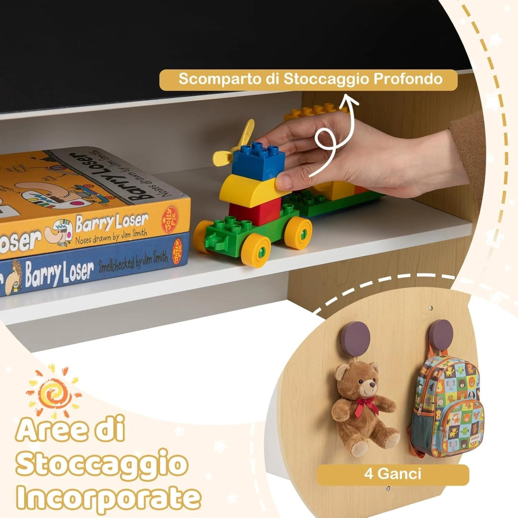 Set Tavolo e Sedia per Bambini 3+ Anni, Tavolo Multifunzionale con Lavagna Bifacciale, Ripiano e 4 Ganci Laterali, Sedia Comoda con Cassetto Rimovibile per Cameretta e Asilo (Naturale)