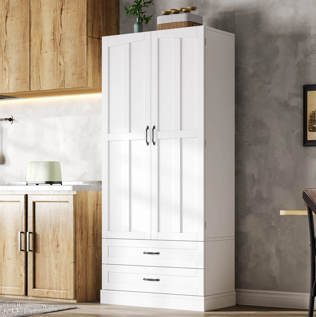 Credenza alta 180x80x37.5 cm con 3 ripiani estraibili e 2 cassetti in MDF bianco