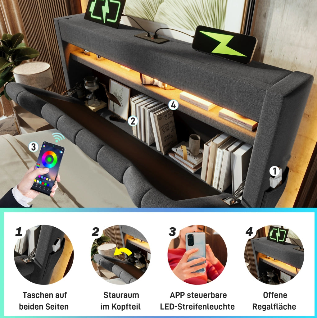 Letto singolo 90x200 cm con LED, ricarica USB-C e materasso