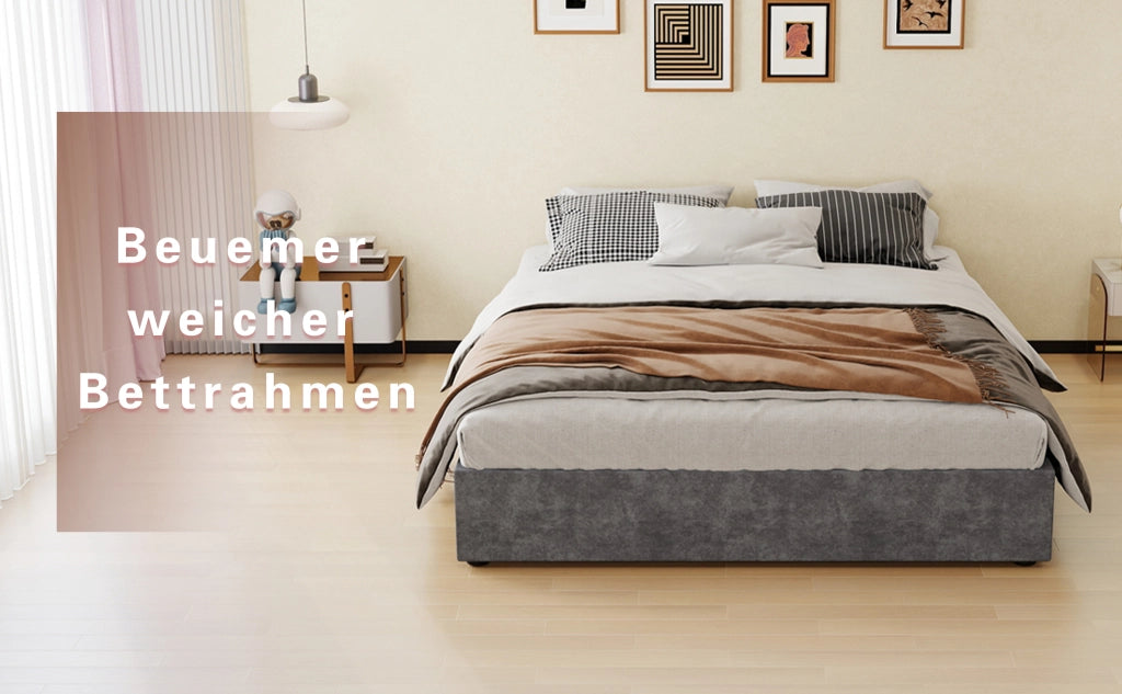 DESMIU Lit 160 × 200 cm 2 posti con testiera geometrica, senza materasso, in tessuto grigio e metallo