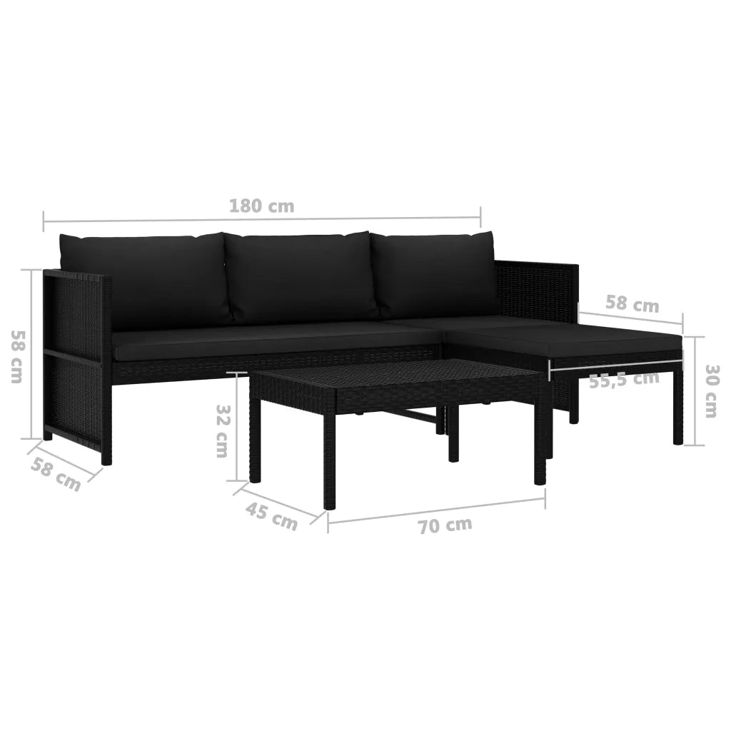 Set Divani da Giardino 3 pz con Cuscini in Polyrattan Nero cod mxl 35541