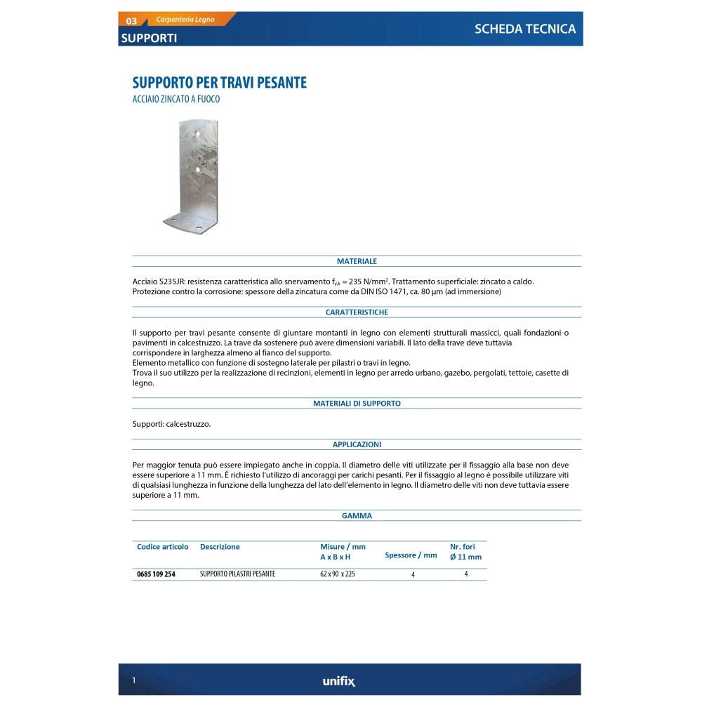 Supporto pesante a l h 62 x b 90 x l 225mm per fissaggio pilastri