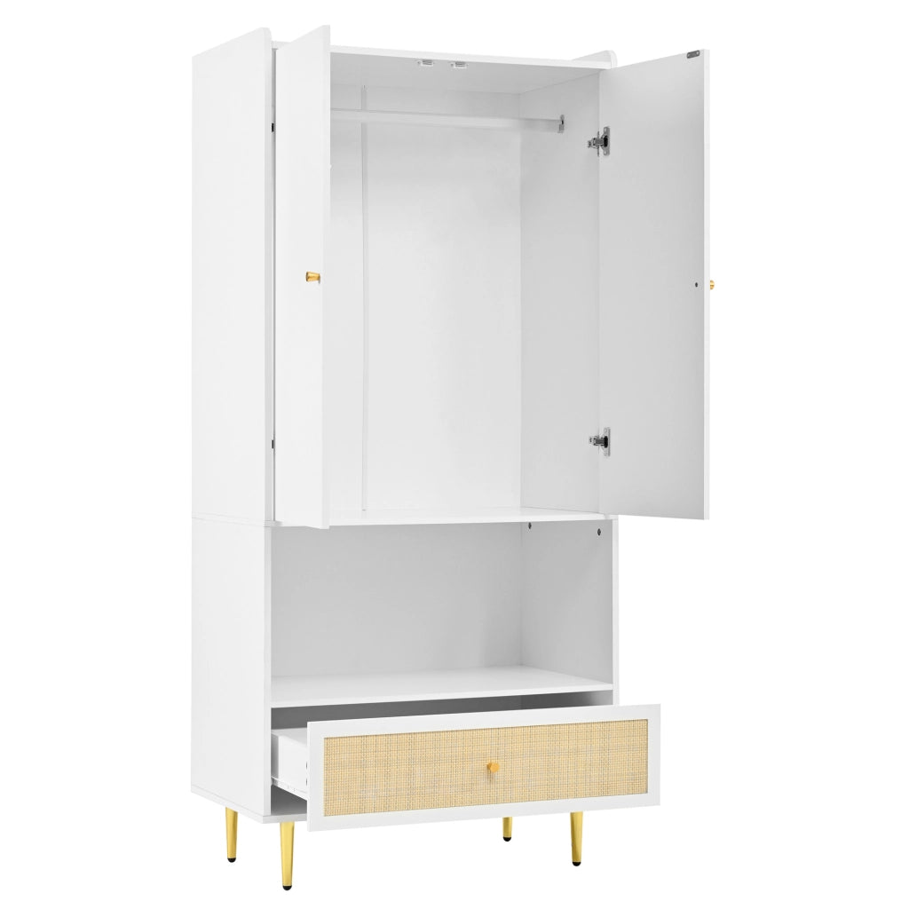 Armadio bianco con cassetto in rattan 80x48x175 cm
