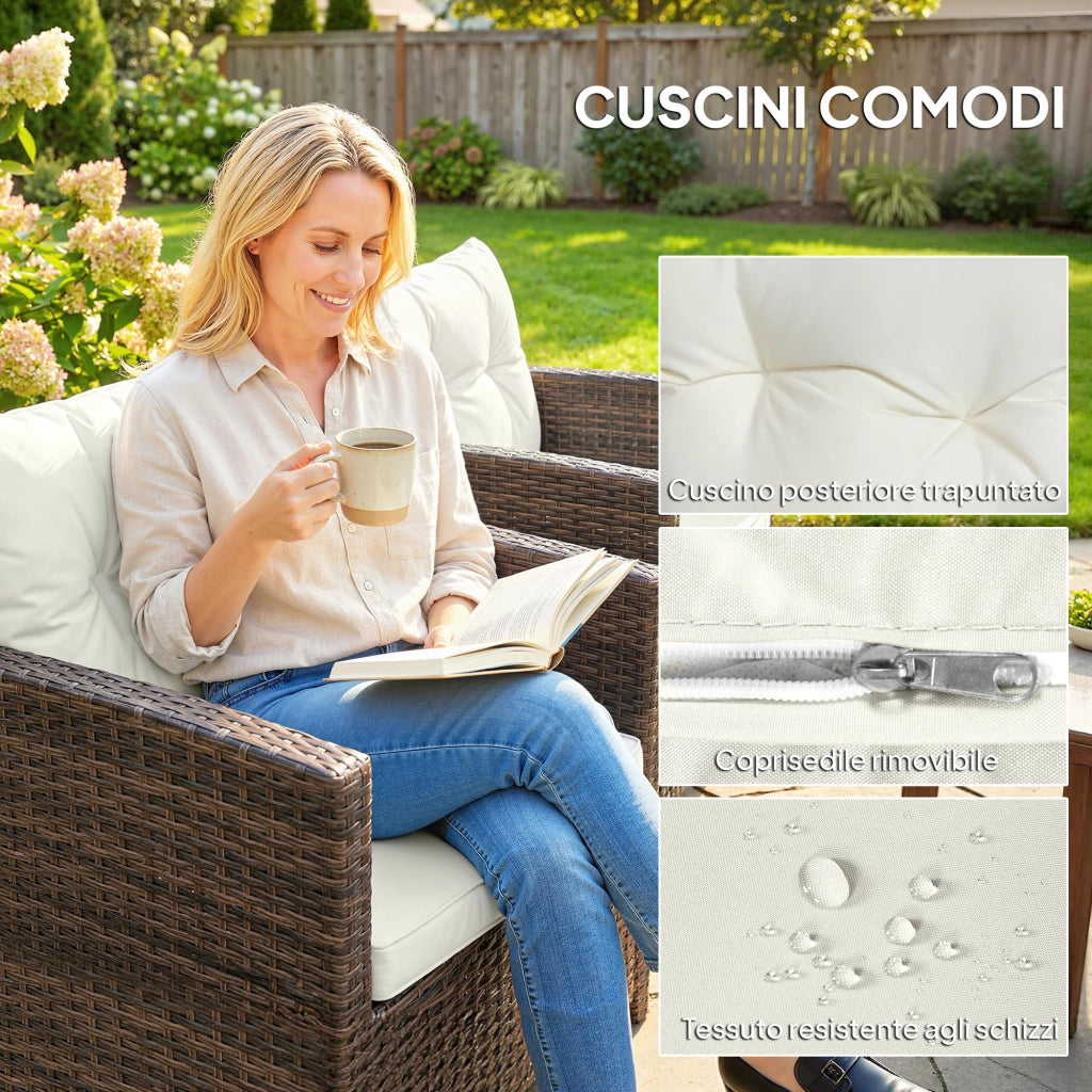 Set da Giardino 3pz in Rattan PE e Acciaio con 2 Poltrone con Cuscini e Tavolino da Caff¨¨, Marrone e Crema