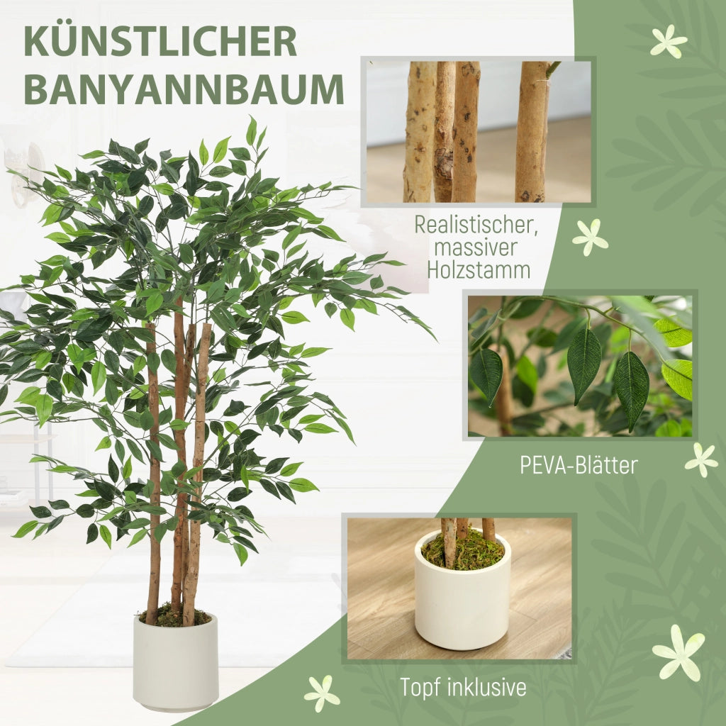 Albero di Banyan Artificiale ¨C Xylo ¨C Pianta Decorativa con Tronco in Legno Massello e Vaso 55x55x120cm Verde