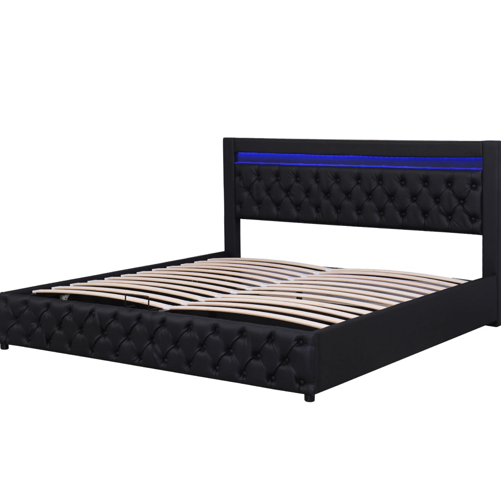 Letto contenitore imbottito 160x200 cm con LED; rete a doghe; PU nero
