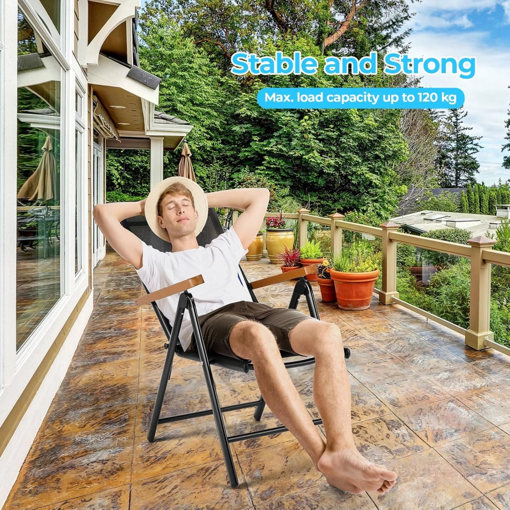 Set di 4 Poltrone da Giardino con Bracciolo Simil Legno, Pieghevole in Alluminio con Schienale Alto Regolabile in 7 Posizioni, per Balcone o Campeggio, Traspirante.