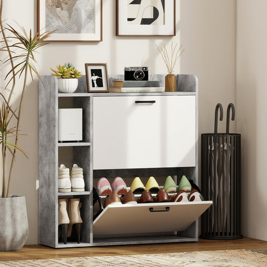 Scarpiera Slim Capacità 15 Scarpe 83x24x90,5 cm con 2 Cassetti Ribaltabili e 3 Vani Aperti Grigio