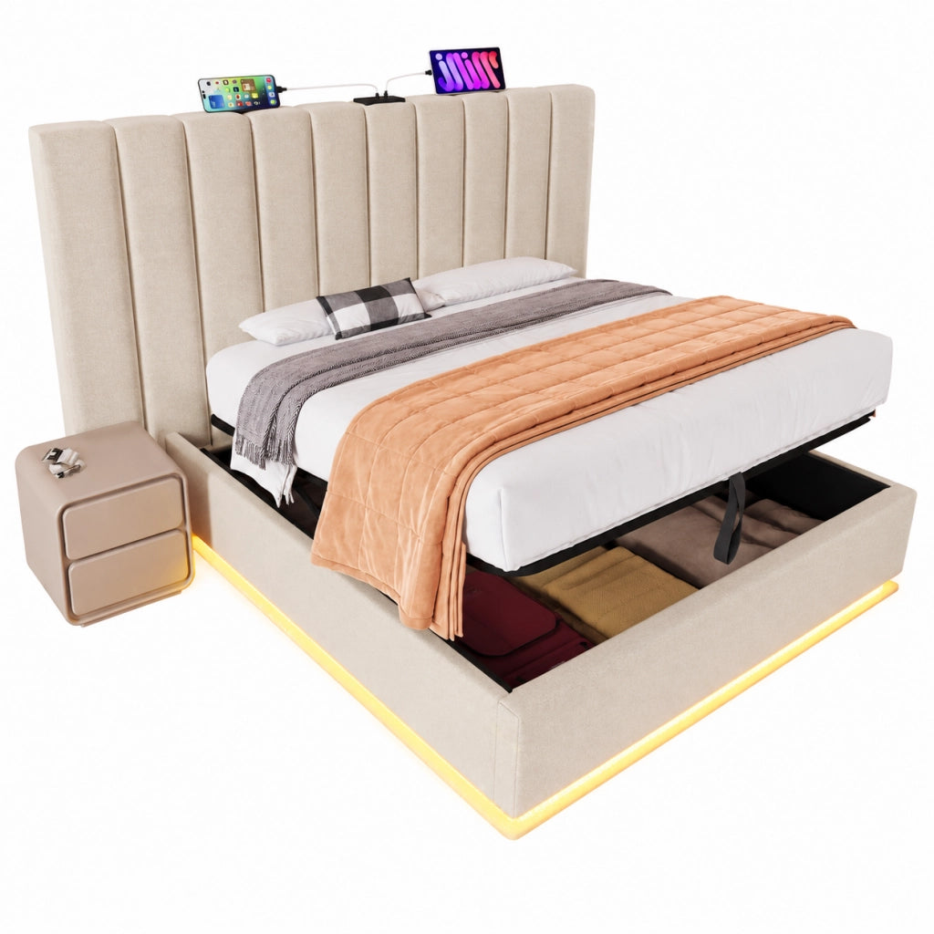 Letti contenitori 180x200 cm; LED e ricarica USB C; lino; beige (Senza materasso)