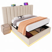 Letti contenitori 180x200 cm; LED e ricarica USB C; lino; beige (Senza materasso)