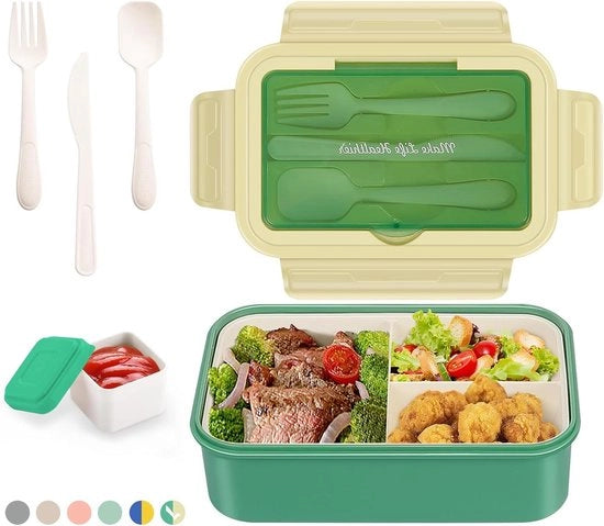 Tazza per il pranzo 1400 ml - 3 contenitori - inclusa la posateria - adatto per forni a microonde e lavastoviglie - scuola lavoro picnic viaggio - Verde