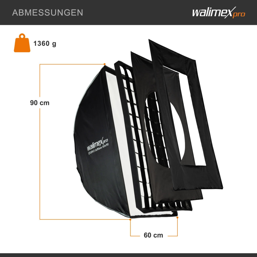 Studio Softbox 60x90cm + adattatore softbox per Elinchrom (diametro esterno: 15,2 cm), semplice da montare grazie alla funzione ombrello, include griglia, maschere, adattatore Bowens