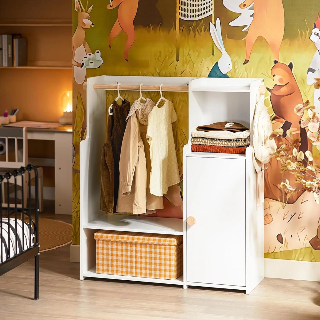 Armadio Cameretta Armadio Bambini con 4 Ripiani e 2 Ganci Laterali Guardaroba con Appendiabiti per Bambini Bianco 94x35x110cm KMB110-W