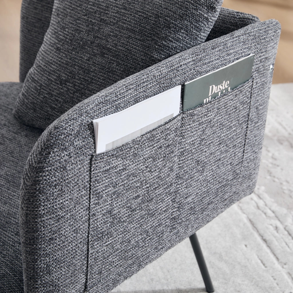 Poltrona con tavolino laterale e tasche portaoggetti, seduta ergonomica in ciniglia per salotto, grigio scuro