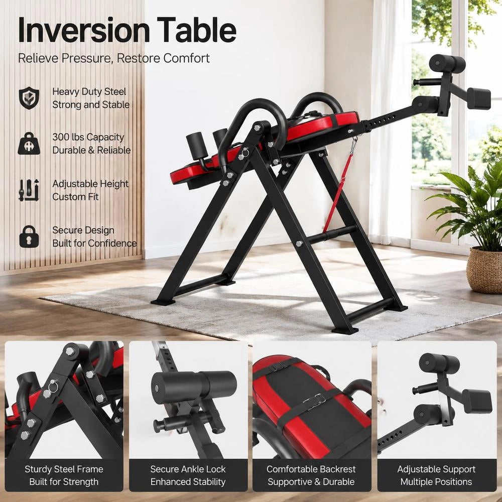 Inversion Table, Inversion Bench, 136 Kg Load Capacity, Multifunctional Back Trainer, Foldable Strength Training Device With Headrest, Ankle Lock, Adjustable Protective Belt, Red + Black