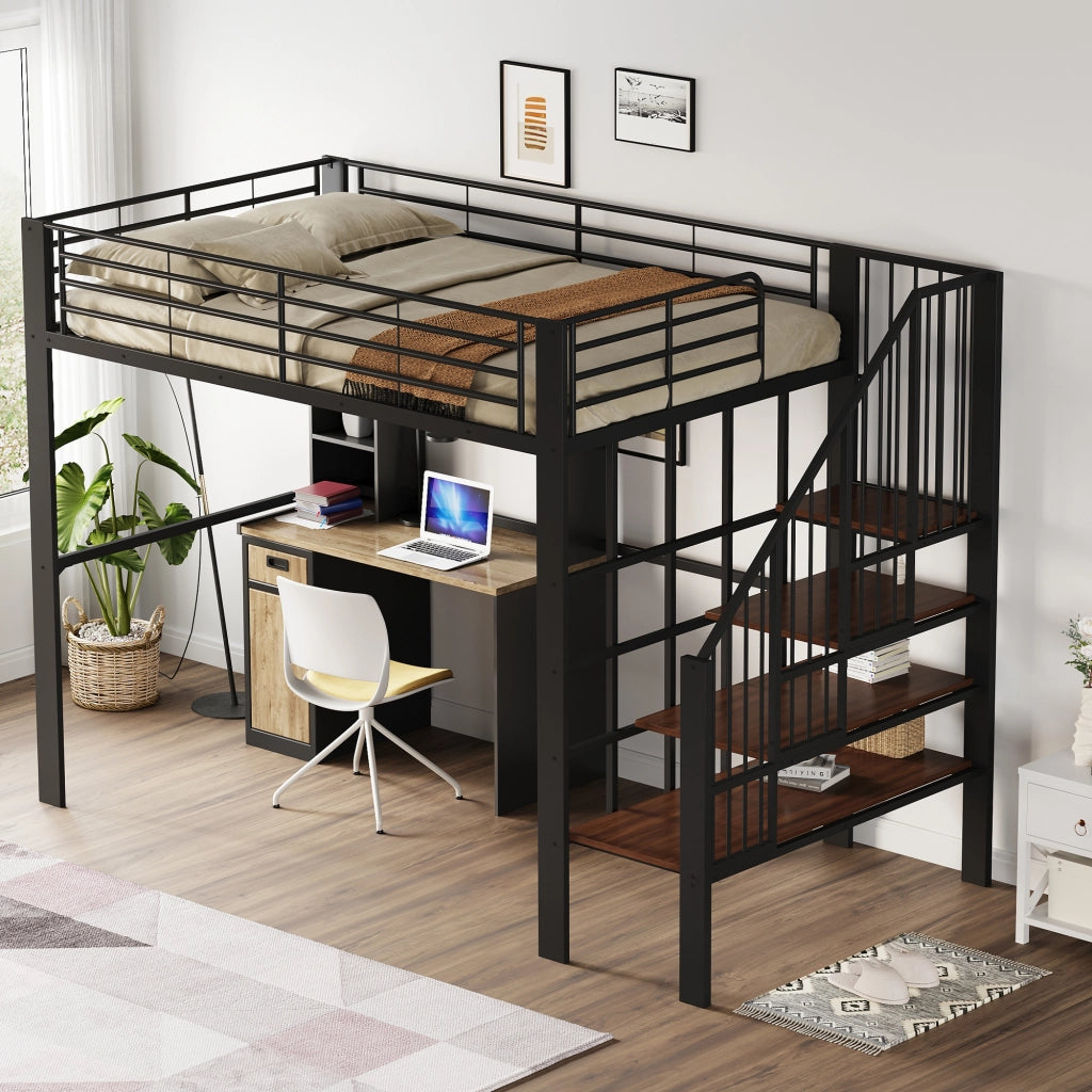 Letto a castello nero in metallo e legno con funzione contenitore 140x200 cm