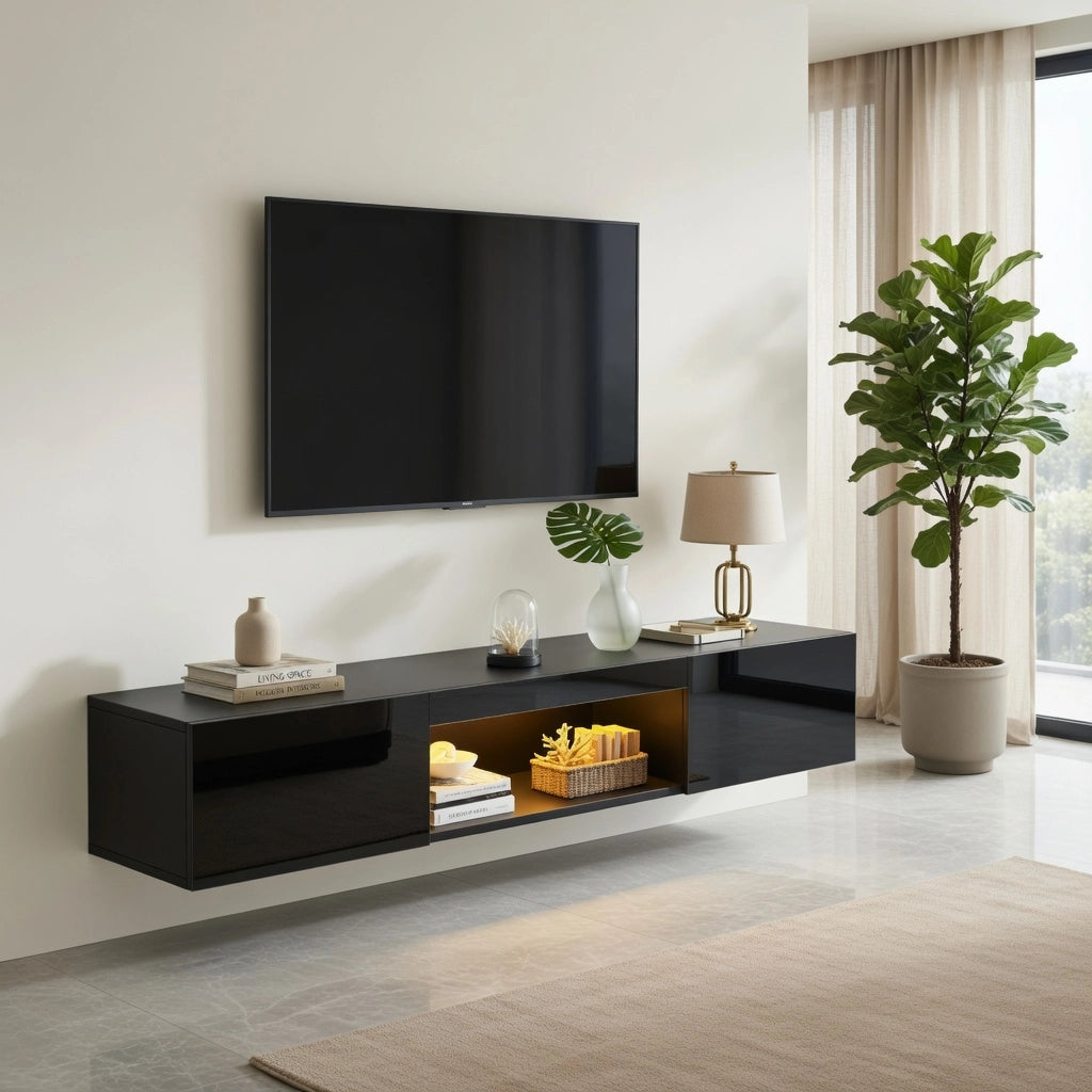 Cassettiera per TV nera lucida in MDF e truciolare; 160 cm