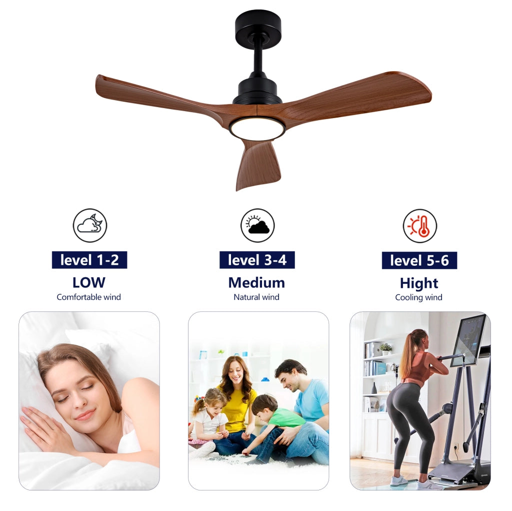 Ventilatore da soffitto con luce LED e telecomando, motore DC reversibile, ABS, nero noce scuro