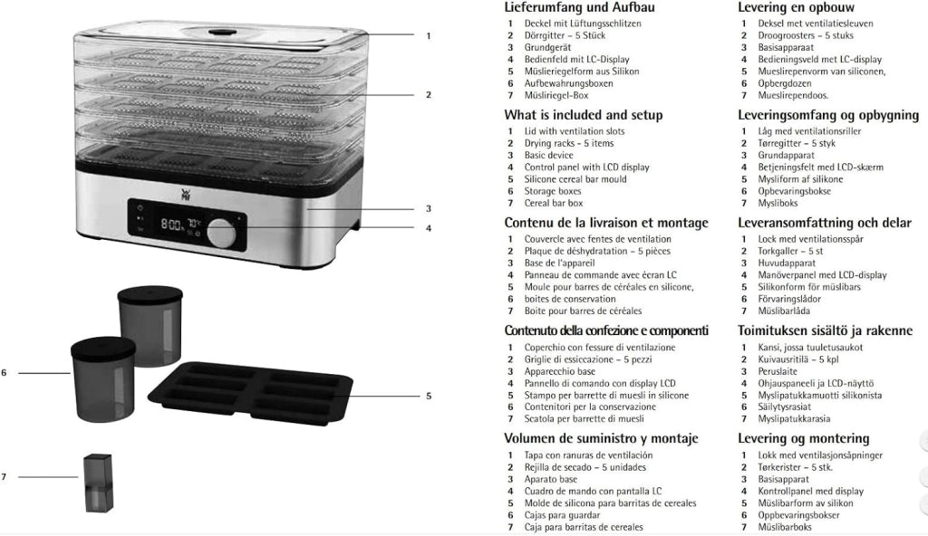 WMF KitchenMinis Essiccatore Compatto Snack to Go, in Acciaio Cromargan con 5 Griglie di Essicazione in Tritan, Sistema Silenzioso, Essicatore con Display LCD e Timer Programmabile, Dim. 28 x19x21 cm