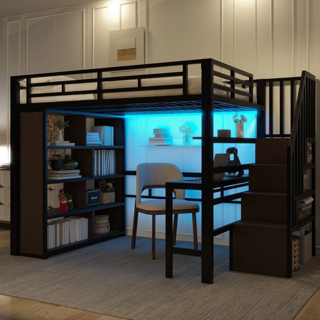 Letto a soppalco in metallo con scrivania, LED e scala, 140x200 cm, nero
