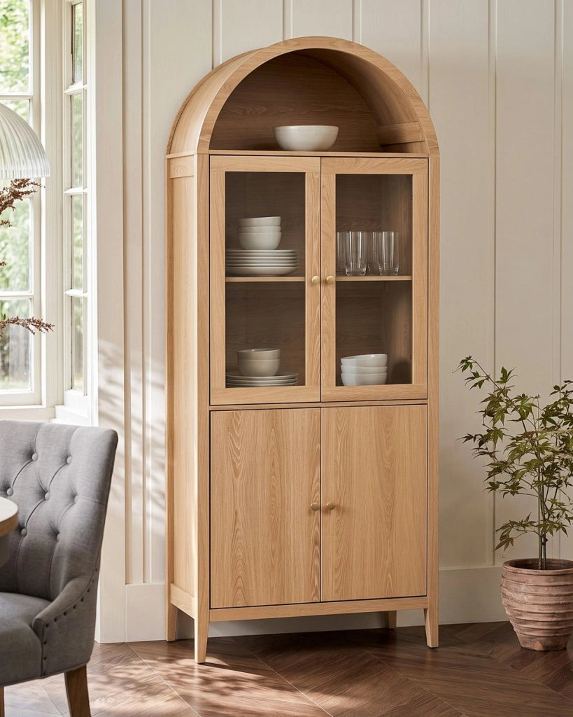Mobile decorativo con ripiani e espositori in vetro in particelle di legno marrone chiaro Sala da pranzo Cucina