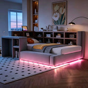 Letto imbottito 90x200 cm con LED, prese integrate e vani in velluto grigio scuro