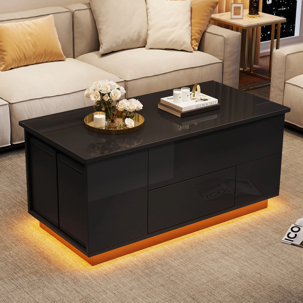 Tavolino da caffè 100x50x45 cm con alzata idraulica; LED; 2 cassetti e 2 sgabelli; truciolare nero
