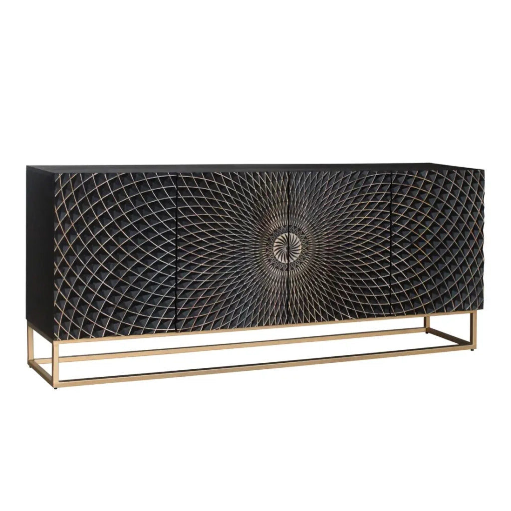Buffet KOSMOS 180 cm – Legno massiccio nero scolpito 3D – Piedi in metallo dorato