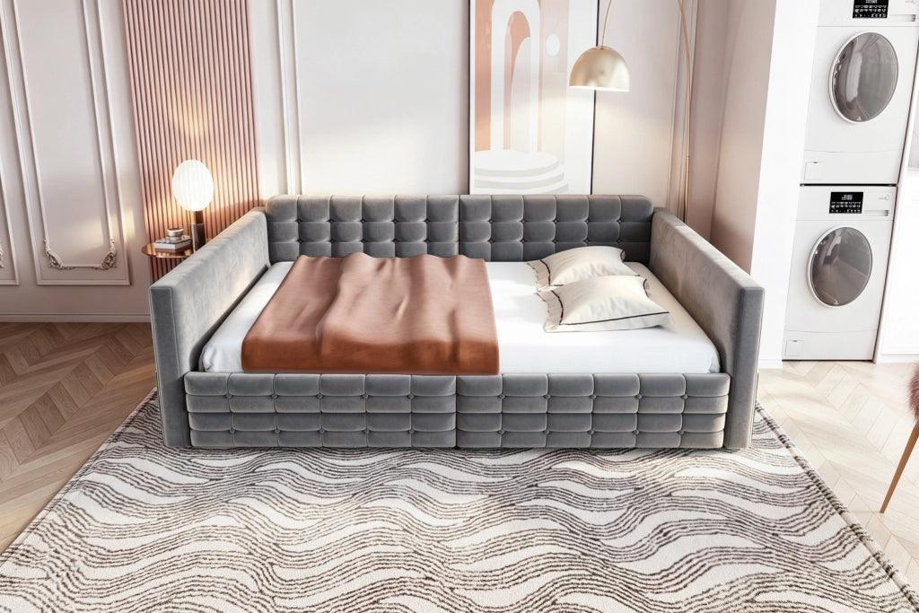 DESMIU Divano letto 140 × 190 cm 2 posti con 2 cassetti, tasche laterali e senza materasso, in velluto, grigio