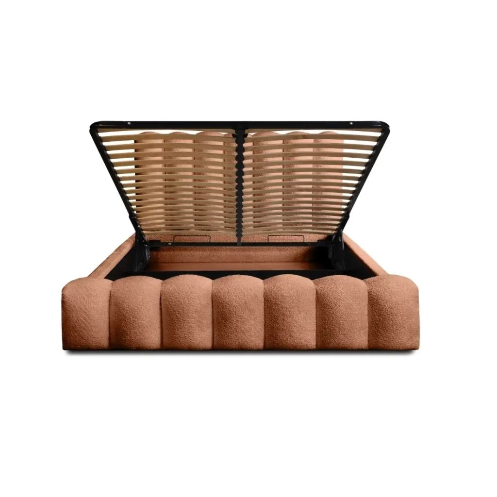 Letto contenitore BADJA - Tessuto bouclé Terracotta - 180x200 cm - Rete sollevabile - Design di alta gamma