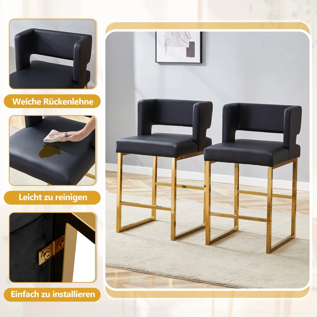 Set di 2 Sgabelli da Bar; Design Nordico con Seduta Quadrata Imbottita e Gambe Geometriche; Metallo e PU; Nero e Oro