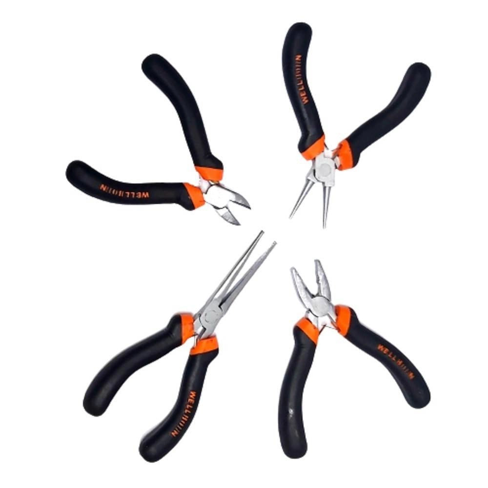 Trade Shop - Set 4pz Mini Pinza Per Fabro Elettricista 115 Mm Acciaio Ergonomica Bricolage -