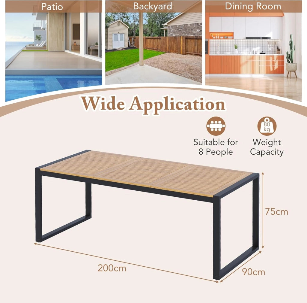 Tavolo da giardino in legno di acacia per 8 persone, 200 x 90 x 75 cm, con foro per ombrellone, struttura in metallo, colore Naturale E Nero