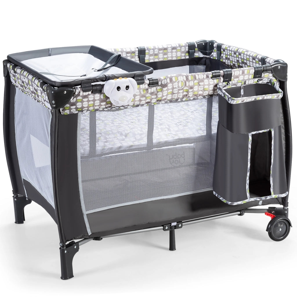 Box portatile con carillon, ruote bloccabili e borsa di trasporto, Culla con rete smontabile e regolabile-Culle