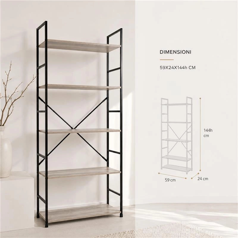 LIBRERIA STILE INDUSTRIAL A 5 RIPIANI IN LEGNO E METALLO DIMENSIONI 59X24X144CM - COLORE ROVERE