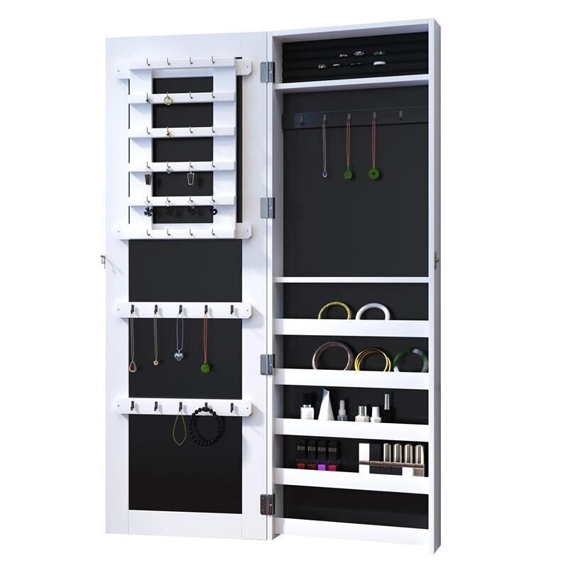 SPECCHIERA ARMADIO PORTAGIOIELLI DA PARETE IN LEGNO MDF, BIANCO, 37X9.5X112CM