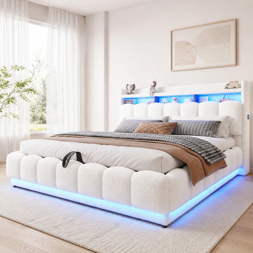Letto imbottito 180x200 cm con contenitore, LED e USB, bianco