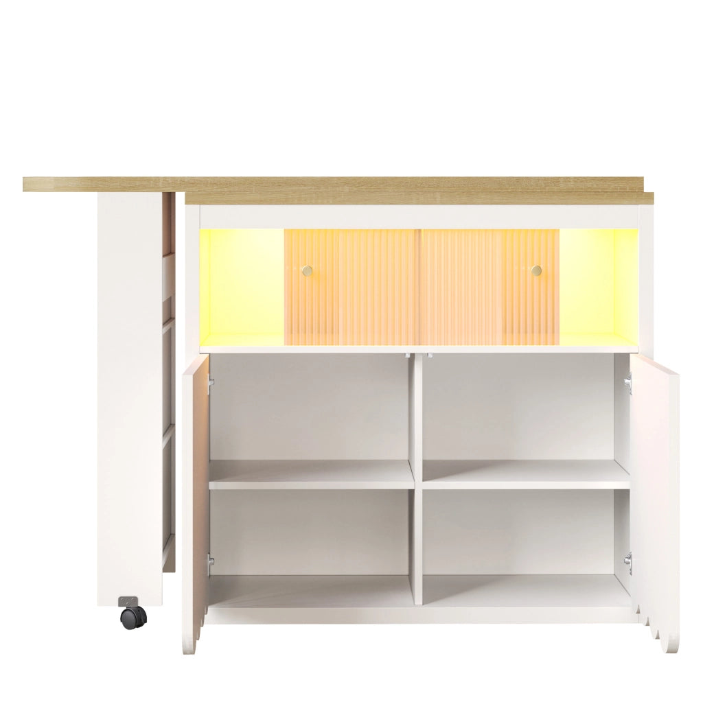 Tavolo bar 135-205x39x100 cm con ruote; LED e vani contenitore in MDF e vetro bianco