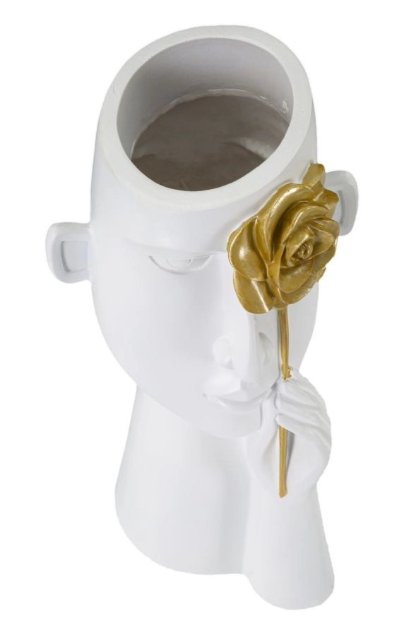 Vaso Face con Fiore 14x13x27 cm in Poliestere Bianco e Oro