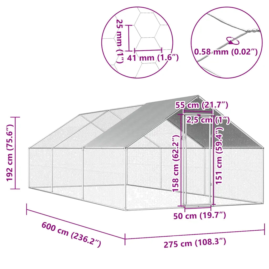 Gabbia per Polli da Esterno 2,75x6x1,92m in Acciaio Zincato 170790