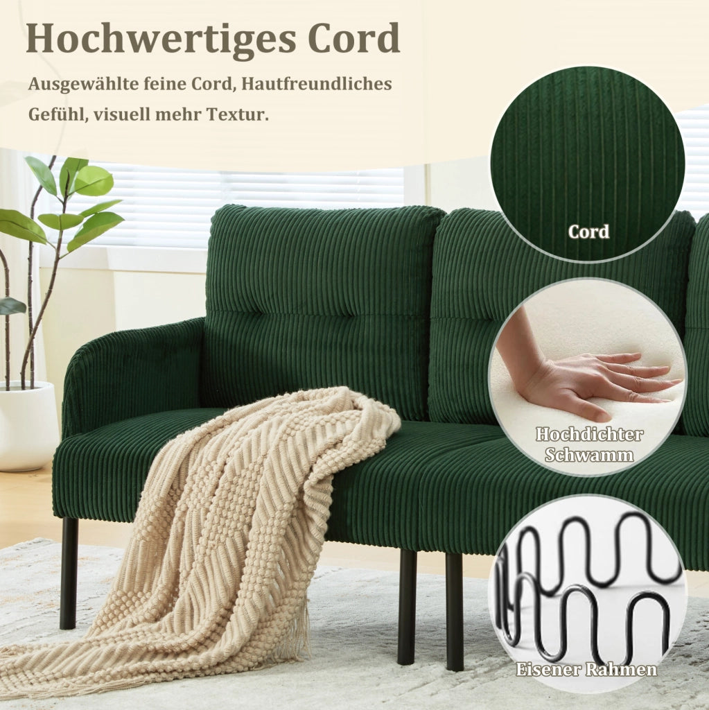 Divano a 3 posti in corduroy verde smeraldo con schienale ergonomico e tasca laterale