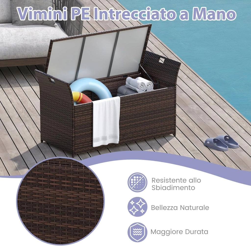 Baule da Giardino 260 L in Rattan PE, Cassapanca Contenitore da Esterno con Cuscino e Maniglie Laterali, per Interni e Esterni, 125 x 56 x 71 cm (Modello 10)