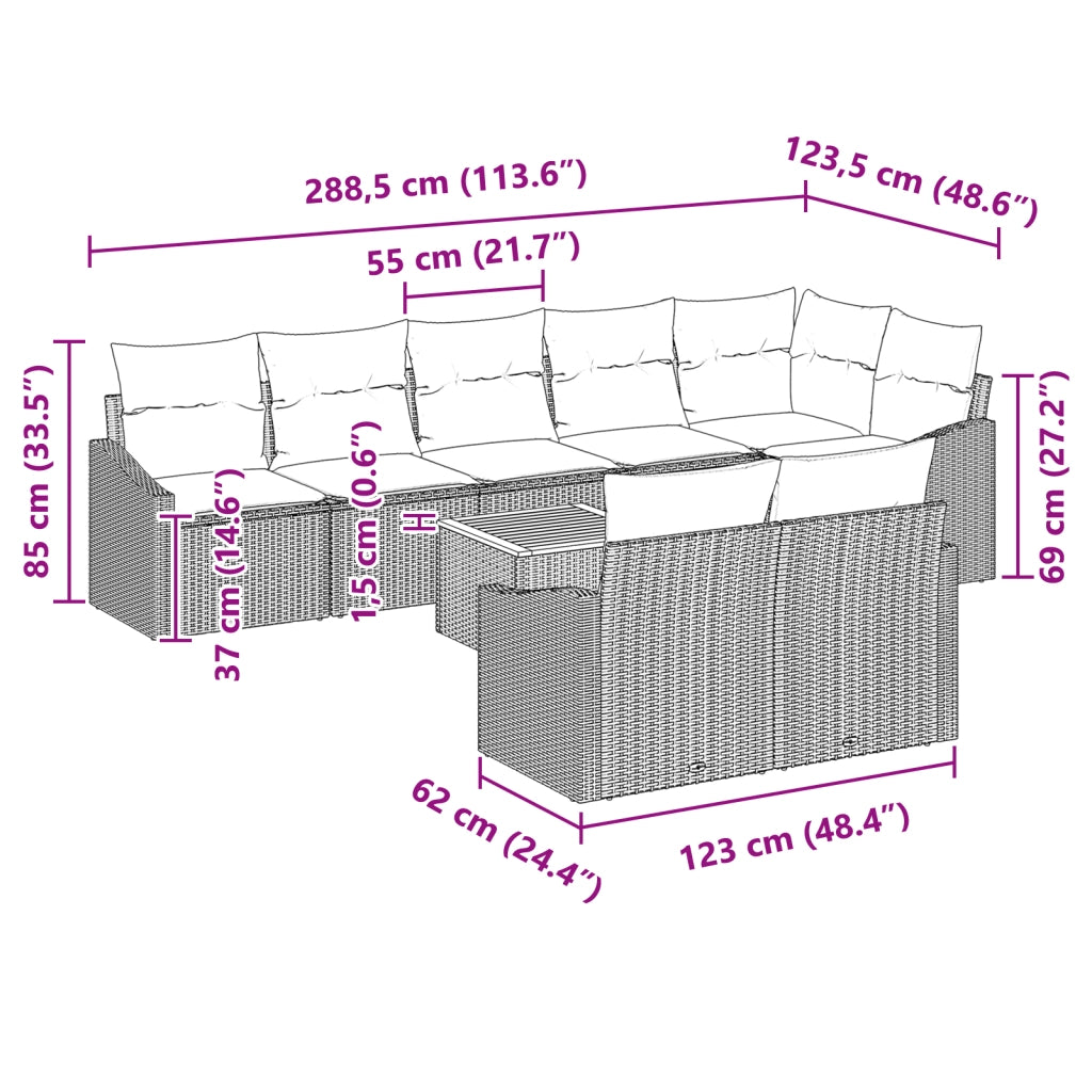 Set da Giardino 9 Pezzi con Cuscini Nero Polyrattan Acacia