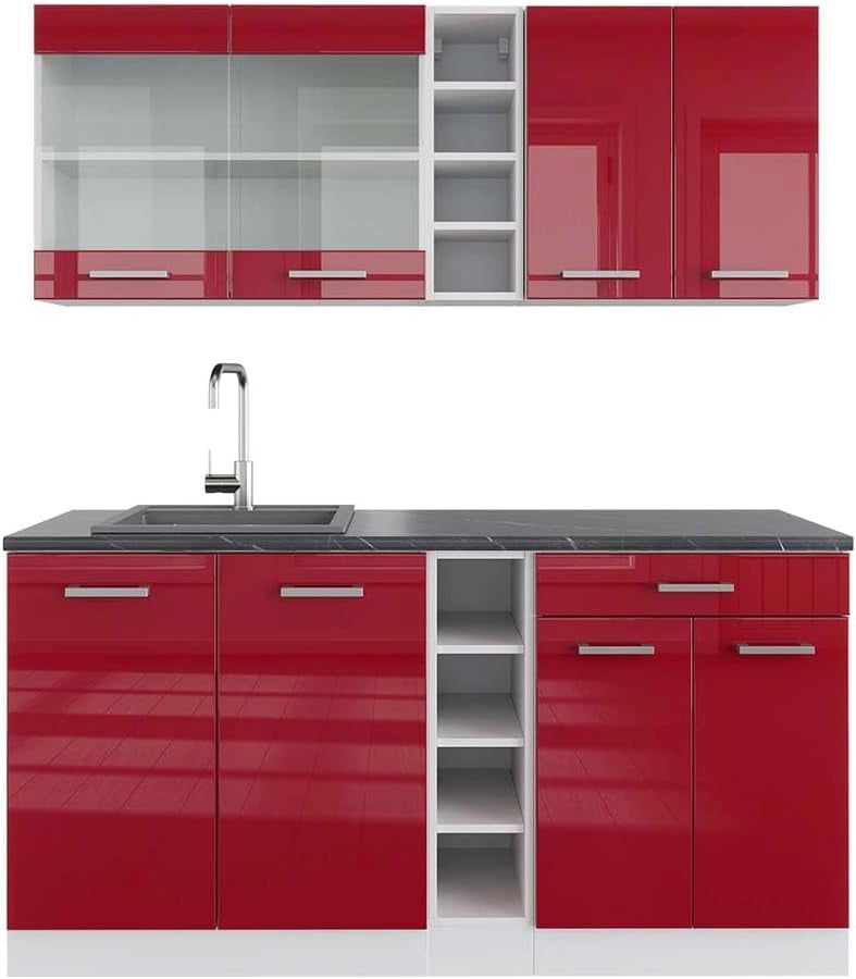 Cucina completa R-Line, Rosso lucido/bianco, 160 cm, PL Antracite, con disposizione flessibile dei moduli ed espandibile