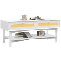 Tavolino da Caffè Boho con 2 Cassetti e Ripiano, in Rattan e Truciolato, 120x50x50 cm, Bianco e color Legno