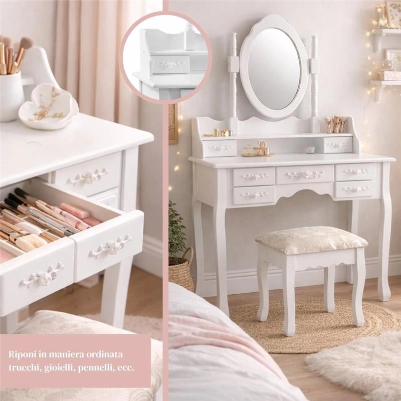 MA MAISON TOELETTA TRUCCO  CON SPECCHIO E SGABELLO BIANCA IN LEGNO 90X40X77/146 CM